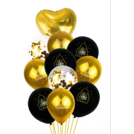 Kit 25 ballons Eid Mubarak 10 doré, 10 noir, 5 transparents avec confettis, 1 coeur en or