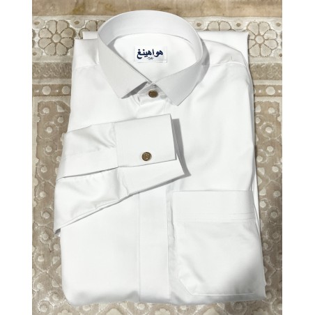 Qamis Saoudien Blanc avec bouton doré -- Homme